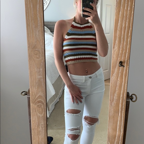 Garage Tops - Striped Crochet Halter Crop Top